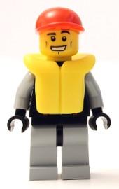 LEGO Minifigure-Lifeguard - Leather Jacket with Zipper, Red Lines and Logo Pattern, Life Jacket, Red Short Bill Cap-Town / City / Harbor-CTY236-Creative Brick Builders